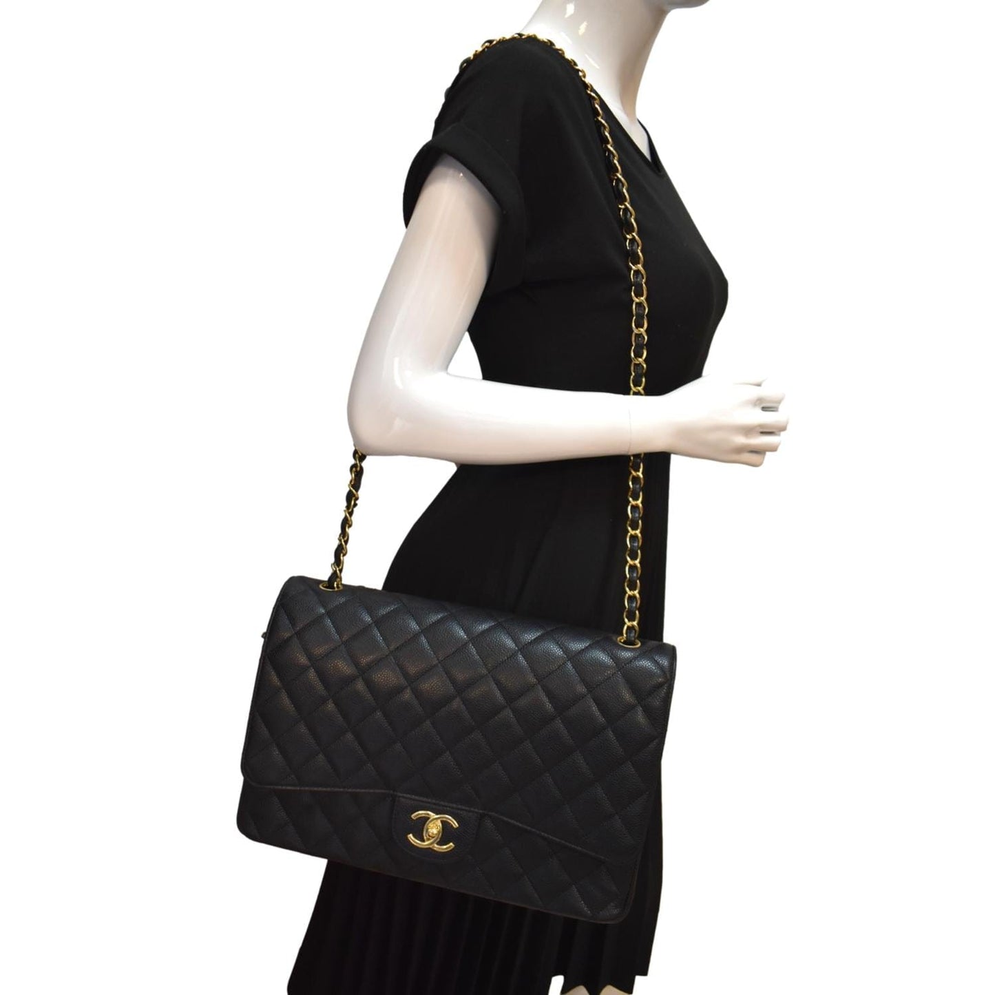 Chanel Maxi Classic Flap Caviar Leather Black Travel Bag Flap 1