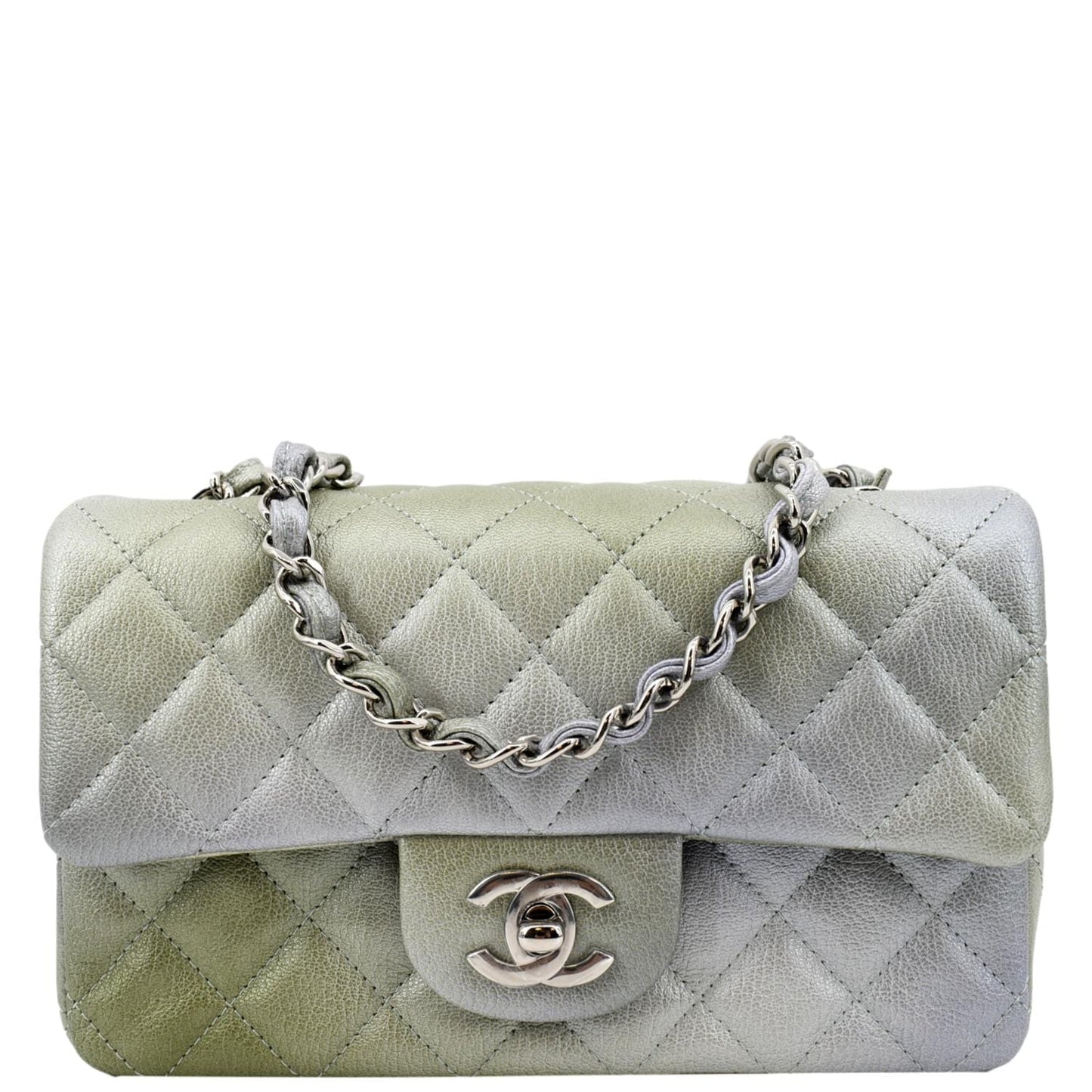 Chanel Rectangular Flap Quilted Chevre Leather Green Gray Travel Bag