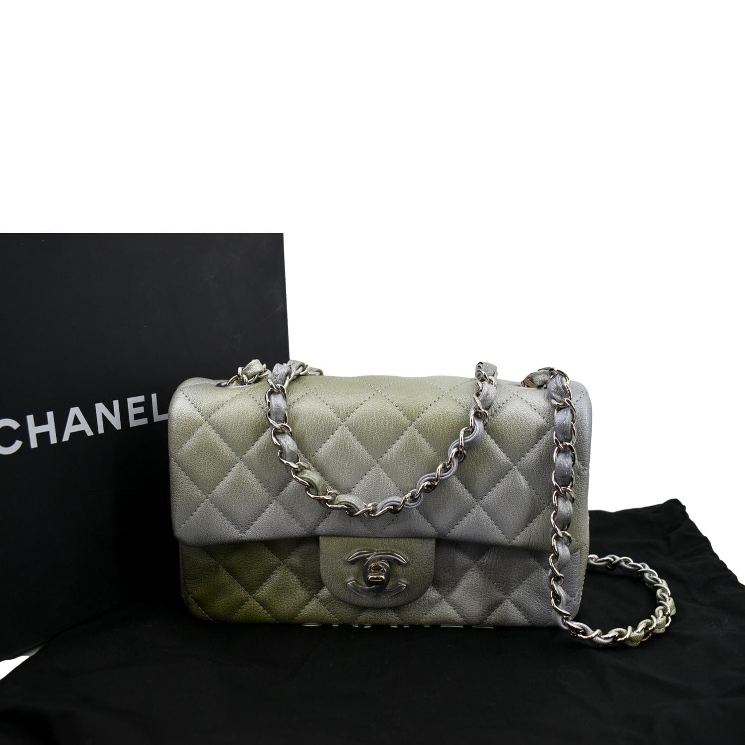 Chanel Rectangular Flap Quilted Chevre Leather Green Gray Travel Bag