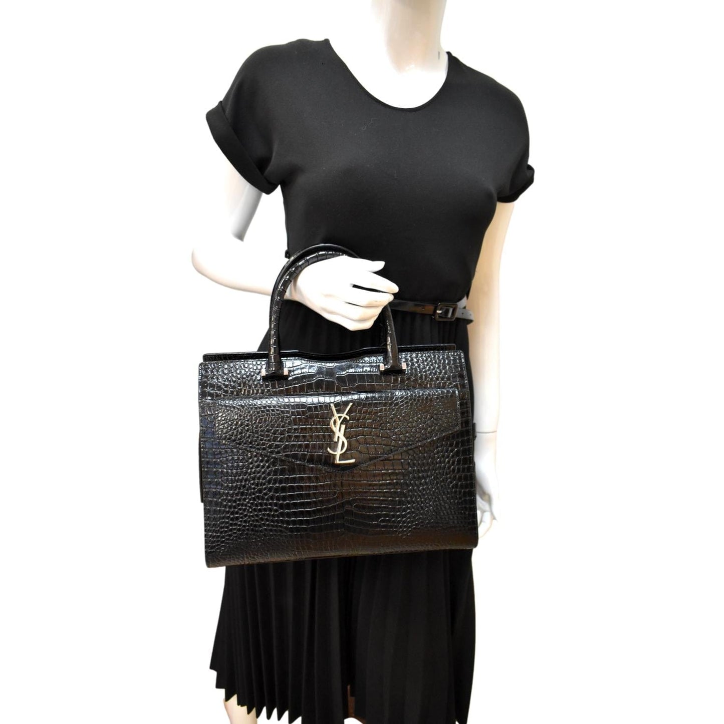 YSL Saint Laurent Saint Uptown Crocodile Calfskin Embossed Tote Bag Black