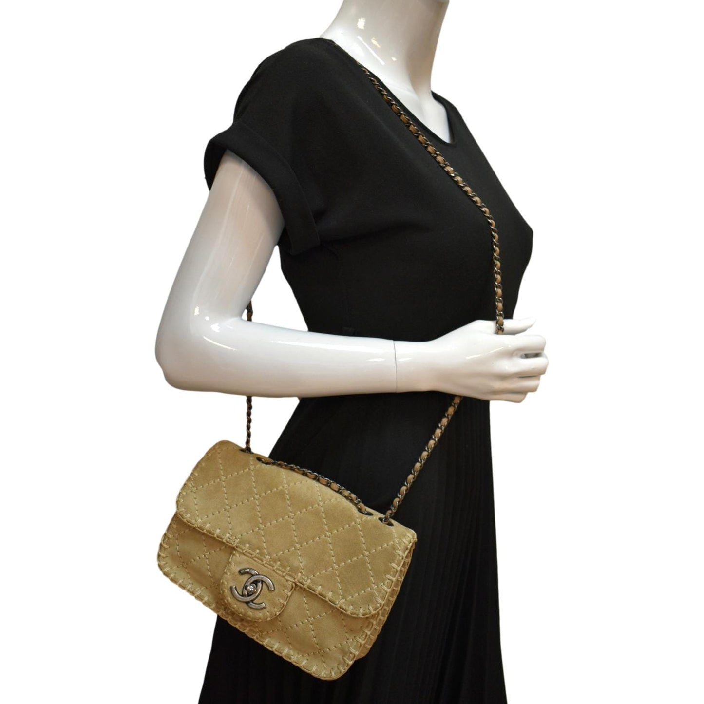 Chanel Whipstitch Flap Suede Beige Travel Bag