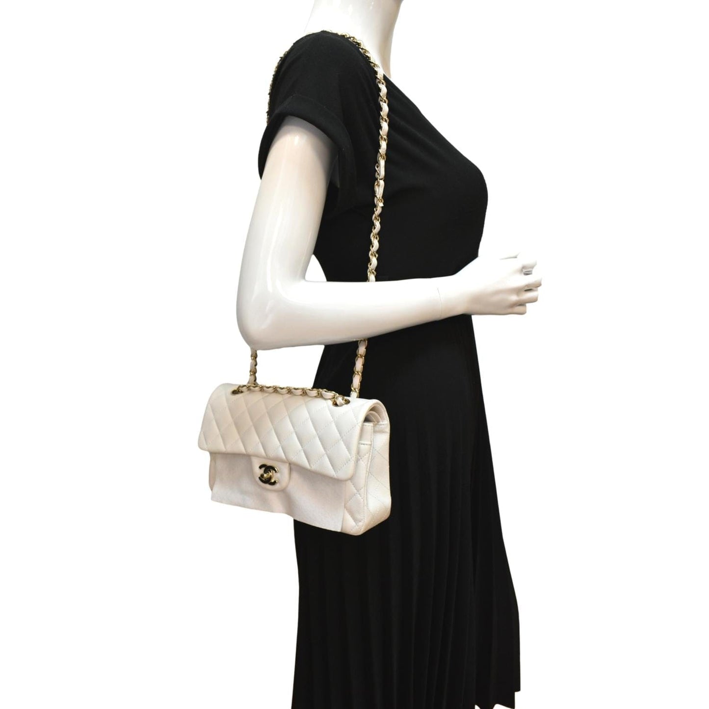 Chanel Classic Double Flap Caviar Leather White Travel Bag