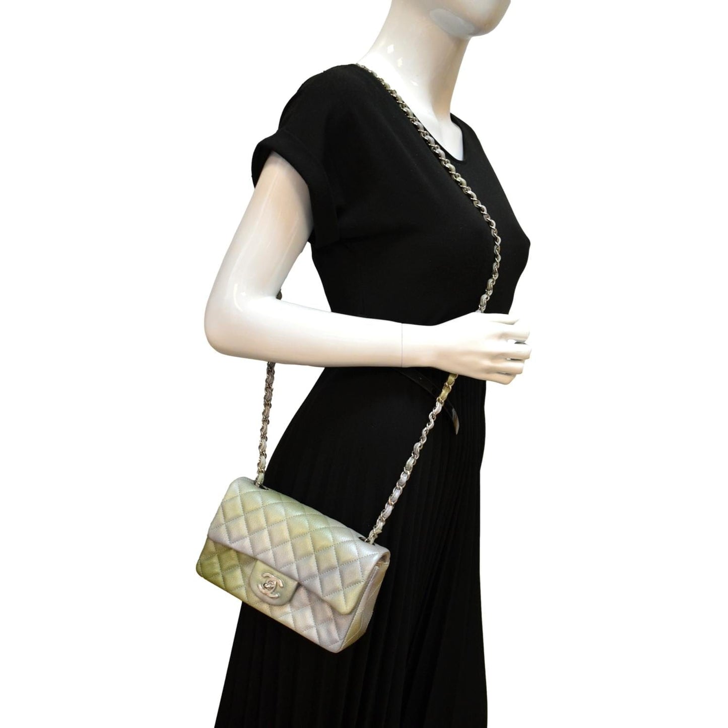 Chanel Rectangular Flap Quilted Chevre Leather Green Gray Travel Bag