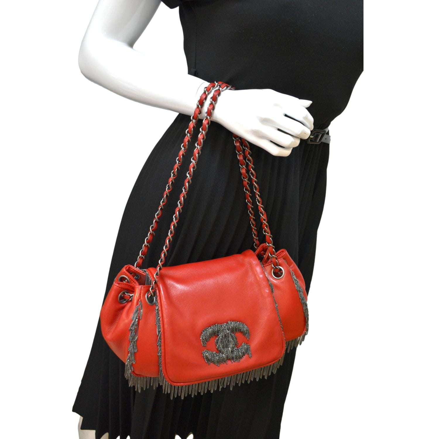 Chanel Fringe Flap Leather Lambskin Red Jewelry