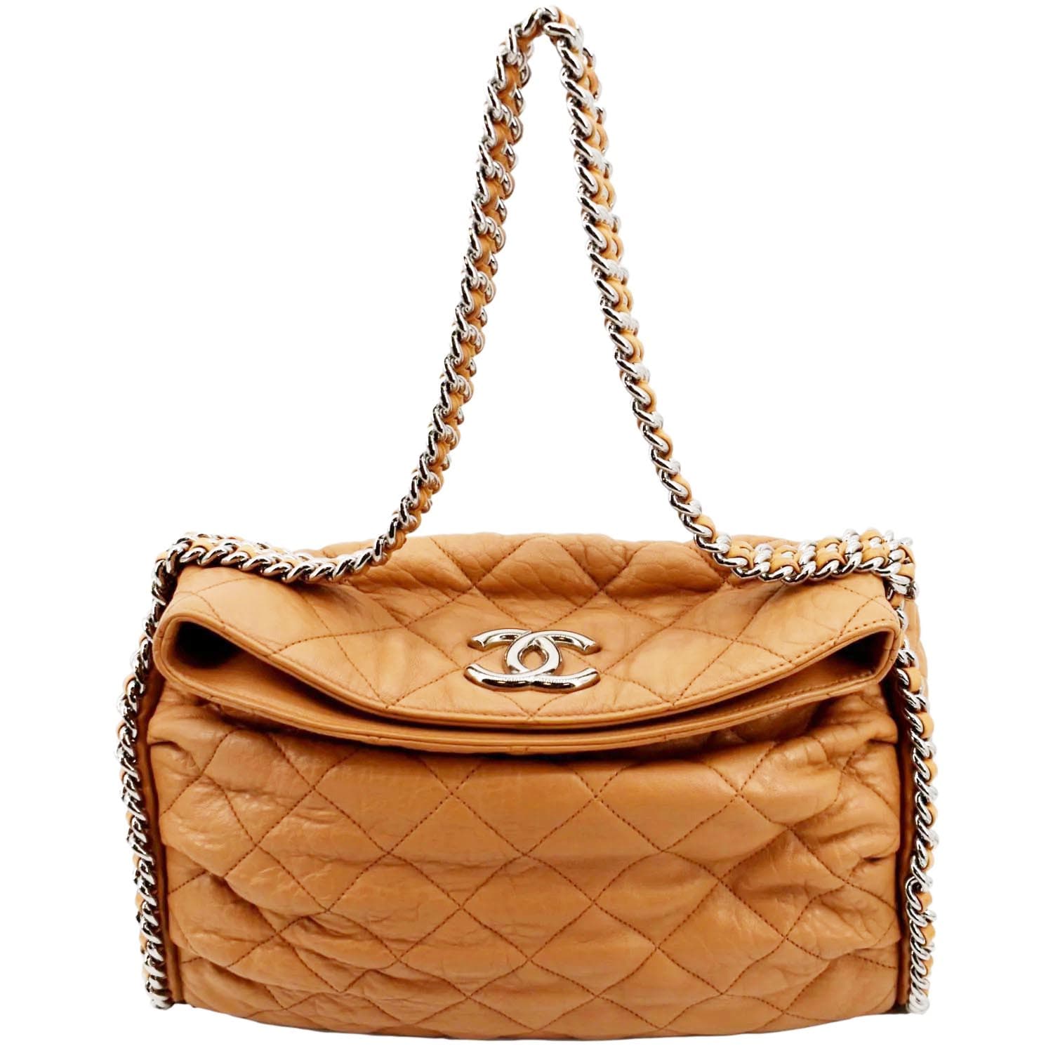 Chanel Around Quilted Hobo Leather Lambskin Beige Travel Bag
