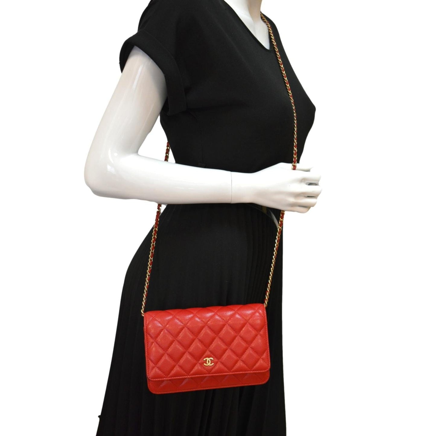 Chanel CC WOC Caviar On Leather Red Wallet Case