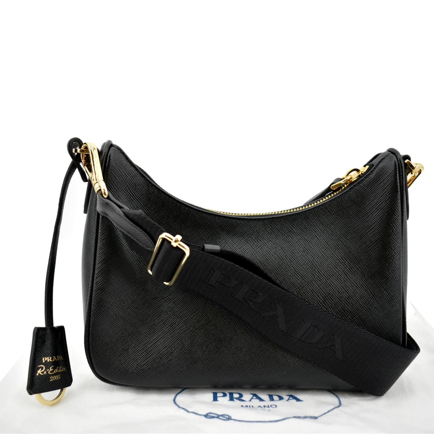 Prada Re Edition Shoulder Bag Leather Saffiano Black 2005 Saffiano Bag