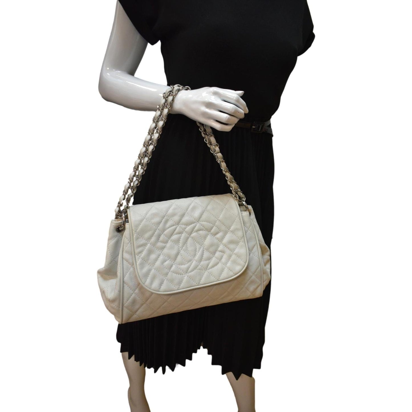 Chanel Timeless Accordion Flap Caviar Leather White Travel Bag