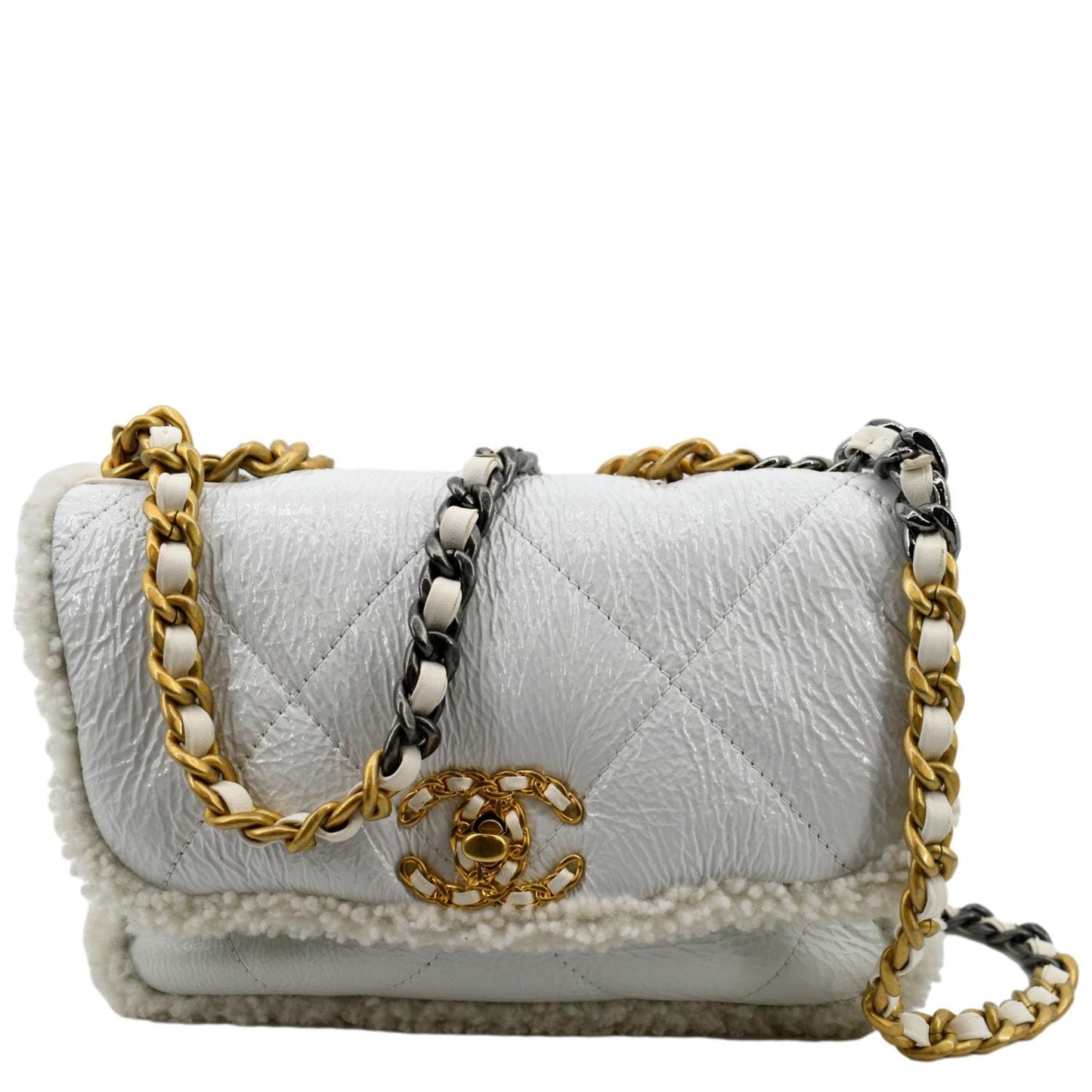 Chanel 19 Flap Shearling Patent Leather White Travel Bag