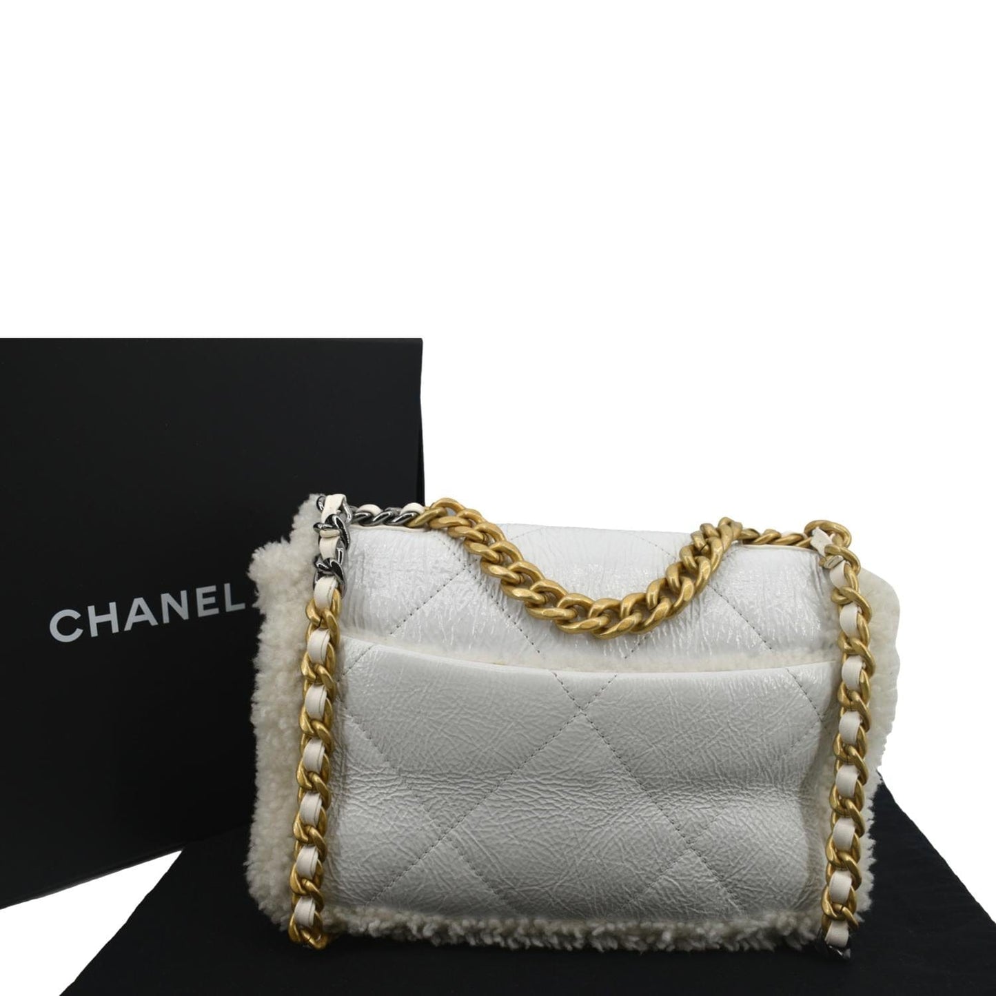 Chanel 19 Flap Shearling Patent Leather White Travel Bag