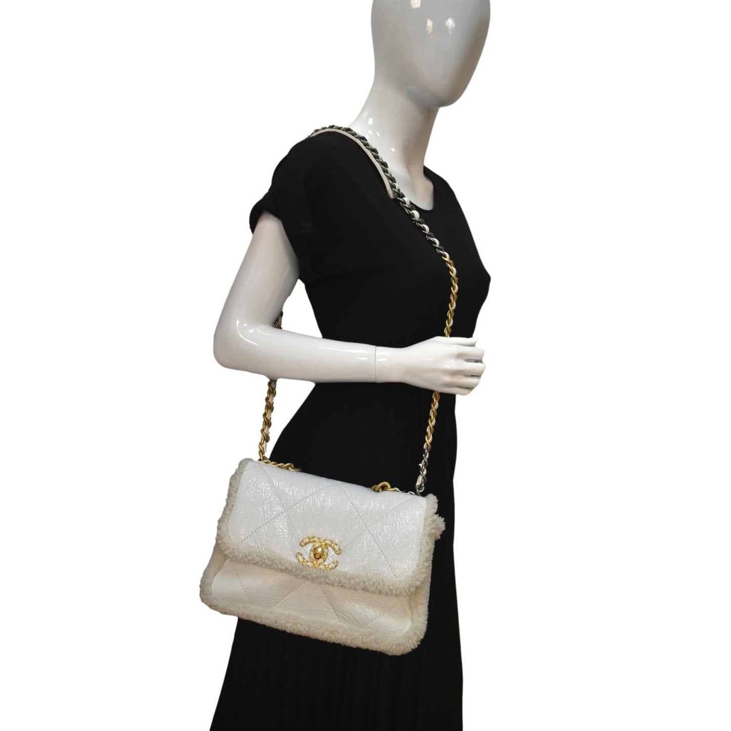 Chanel 19 Flap Shearling Patent Leather White Travel Bag