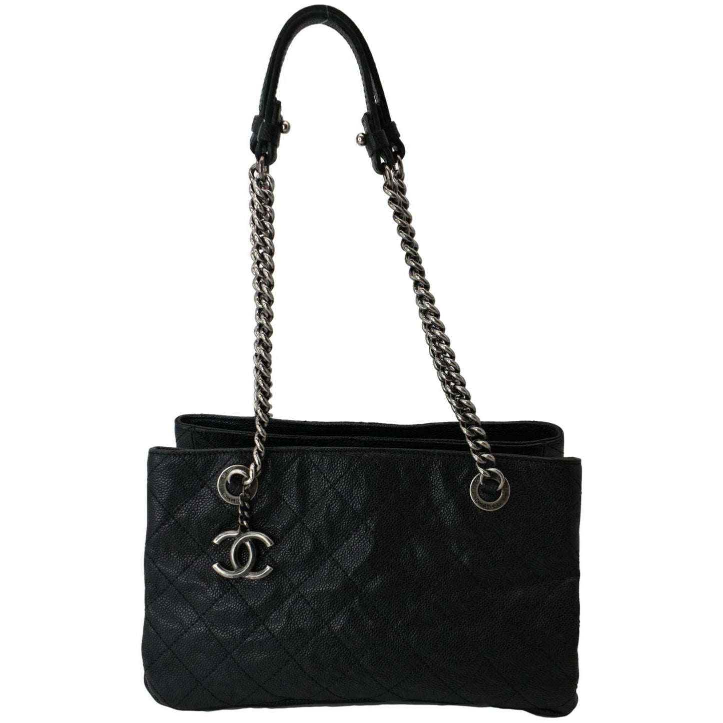 Chanel CC Zip Diamond Embossed Shopping Leather Black Travel Bag