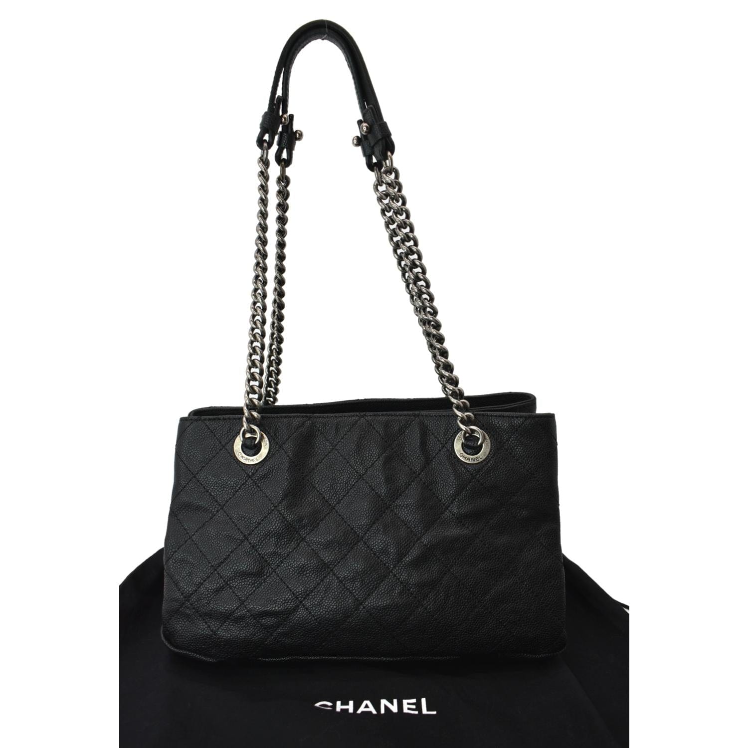Chanel CC Zip Diamond Embossed Shopping Leather Black Travel Bag