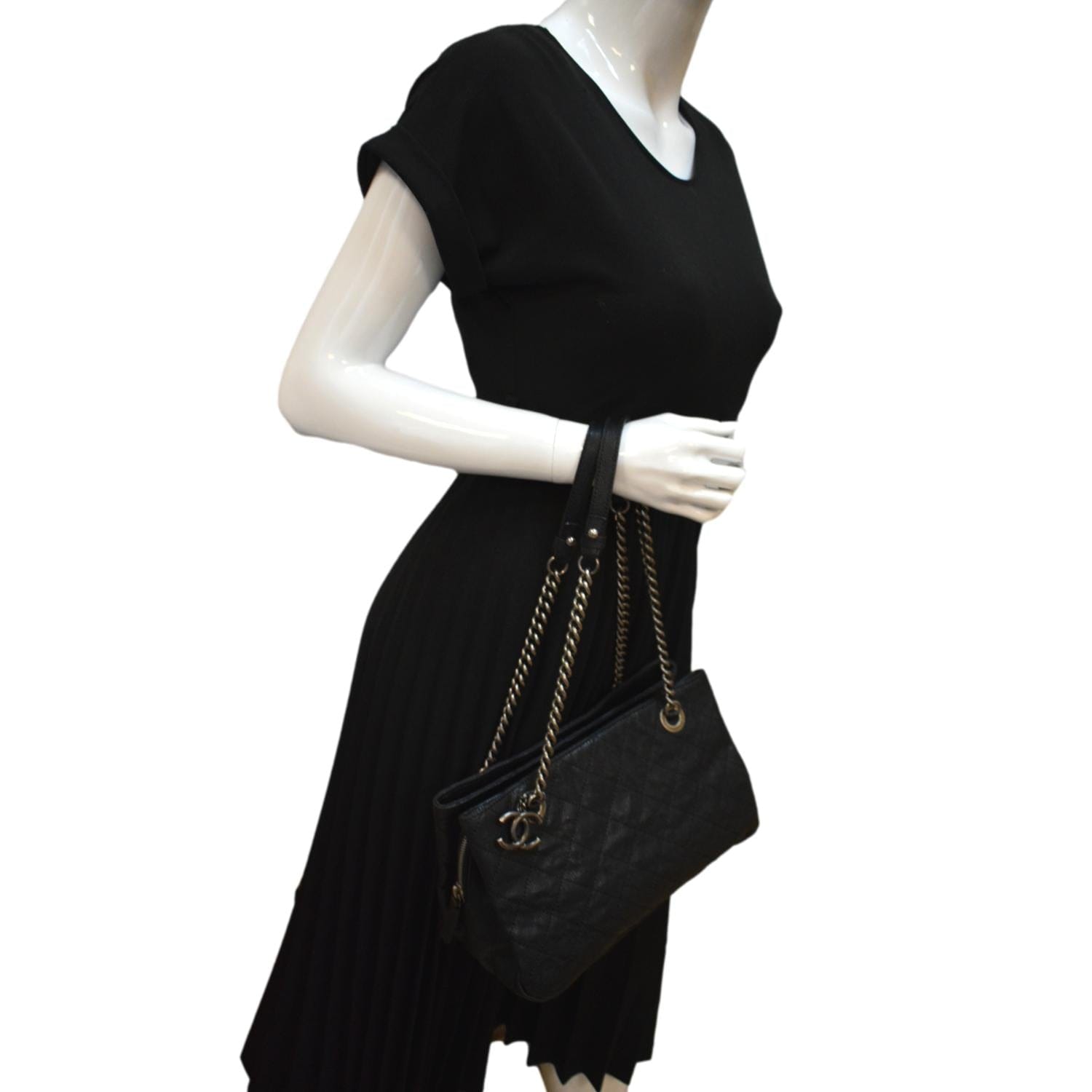 Chanel CC Zip Diamond Embossed Shopping Leather Black Travel Bag