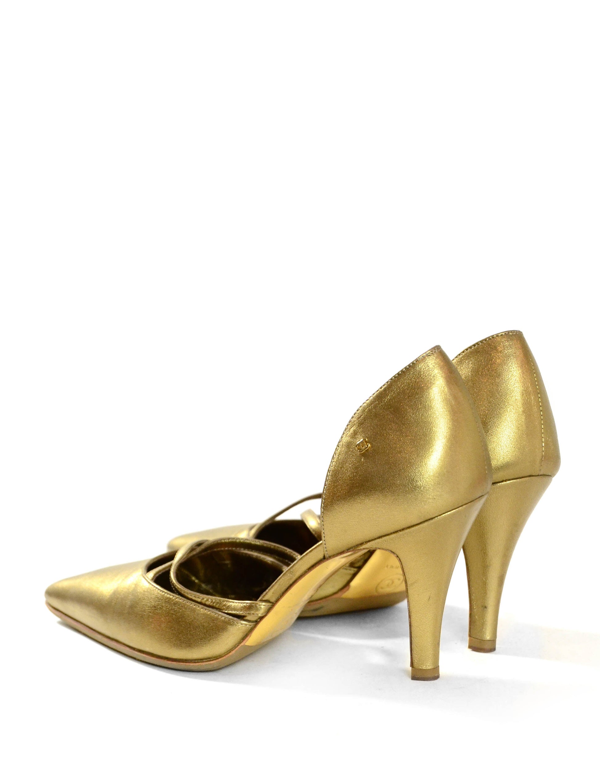 Chanel Gold Leather Pointy Toe Pumps Sz 37.5 for Women