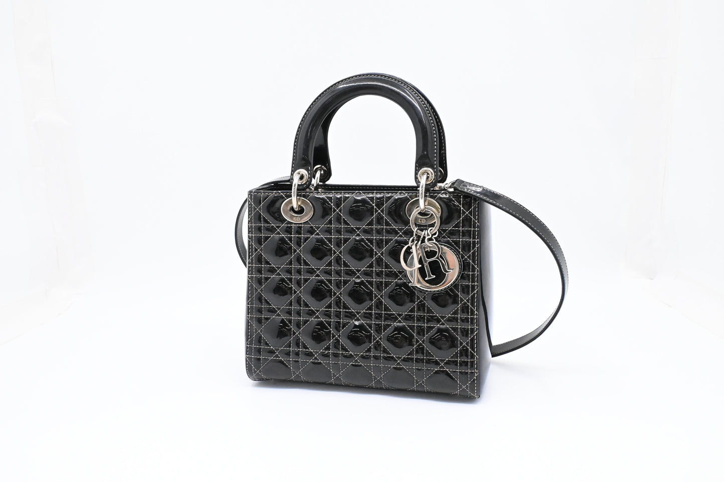 Dior Lady D In Cannage Patent Handbag Leather Black Travel Bag