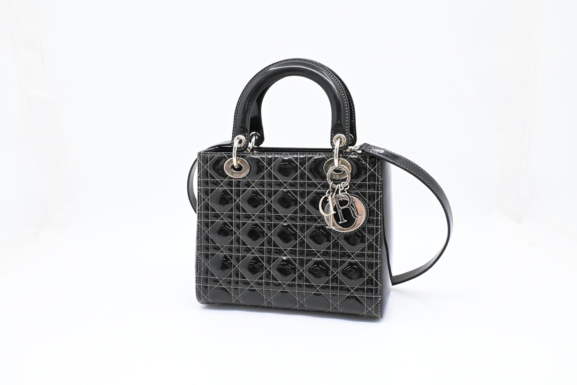 Dior Lady D In Cannage Patent Handbag Leather Black Travel Bag