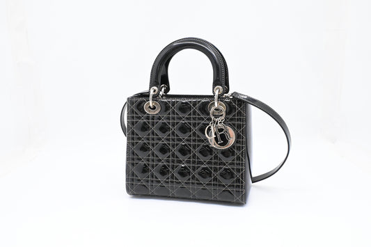 Dior Lady D In Cannage Patent Handbag Leather Black Travel Bag