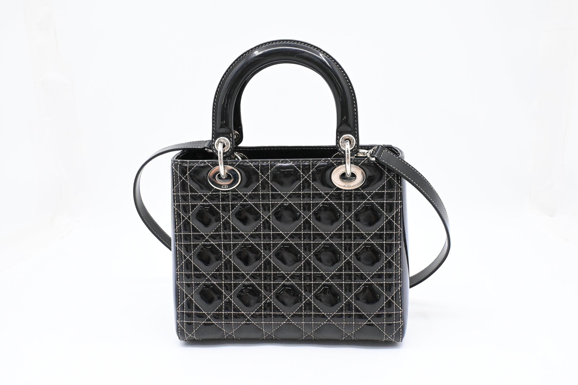 Dior Lady D In Cannage Patent Handbag Leather Black Travel Bag