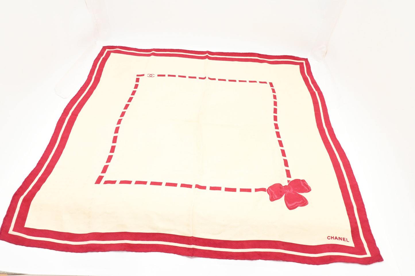 Chanel Scarf Cream Silk Red