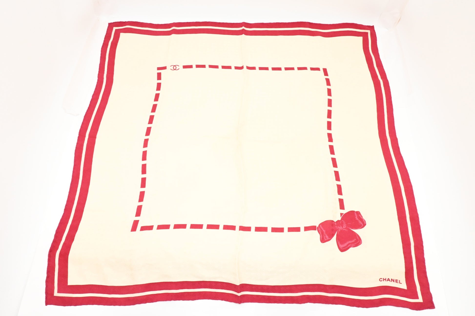 Chanel Scarf Cream Silk Red