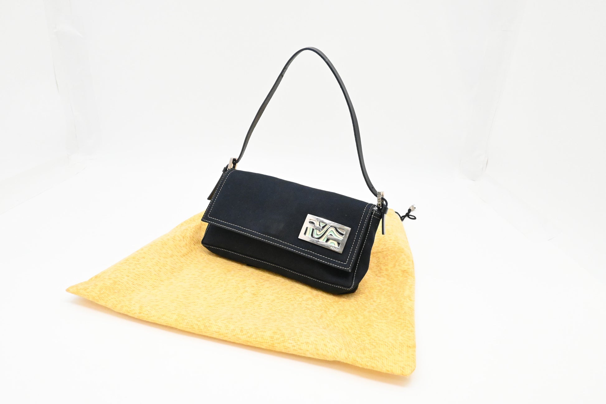 Fendi Baguette In Dark Handbag Canvas Blue Shoulder Bag