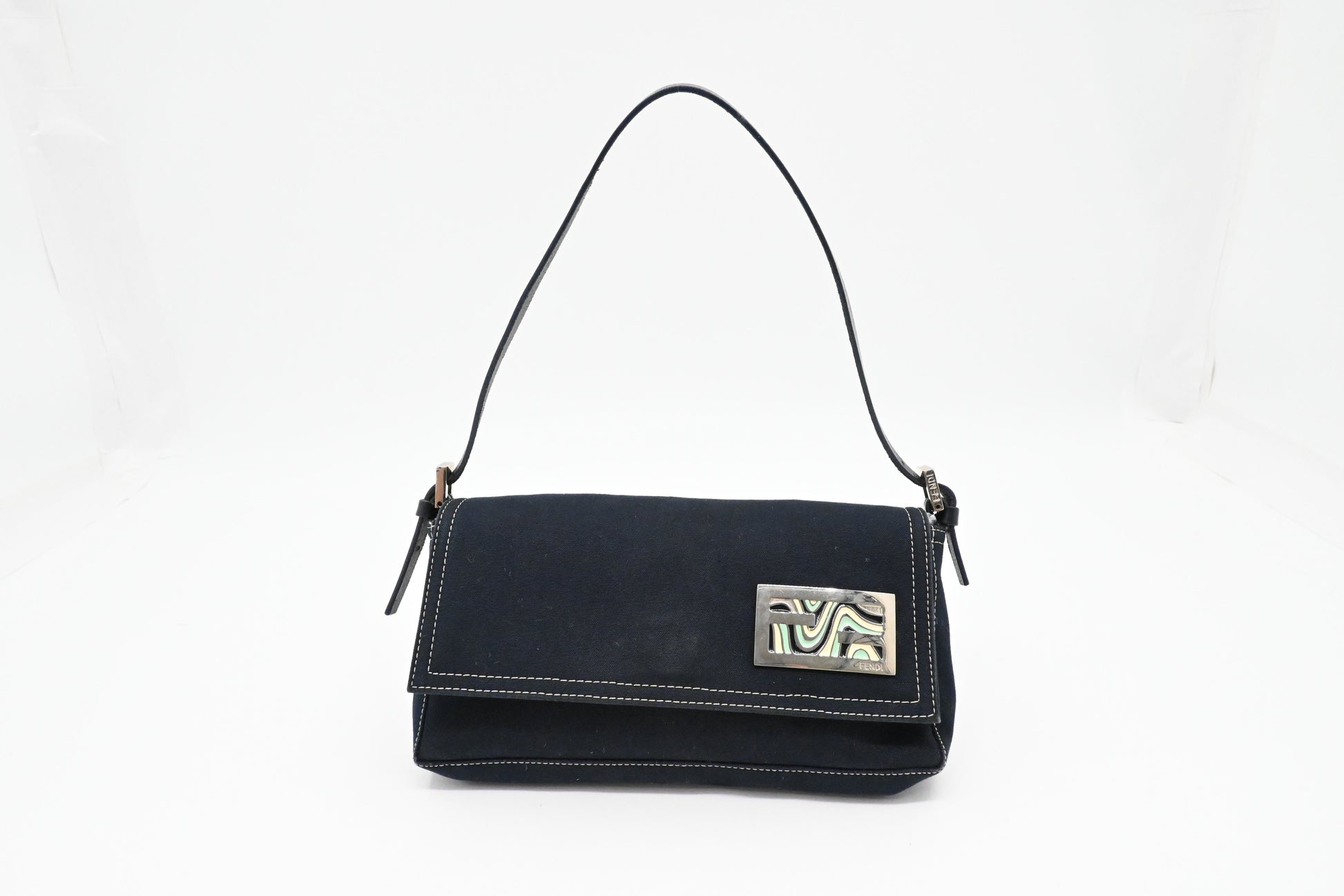 Fendi Baguette In Dark Handbag Canvas Blue Shoulder Bag