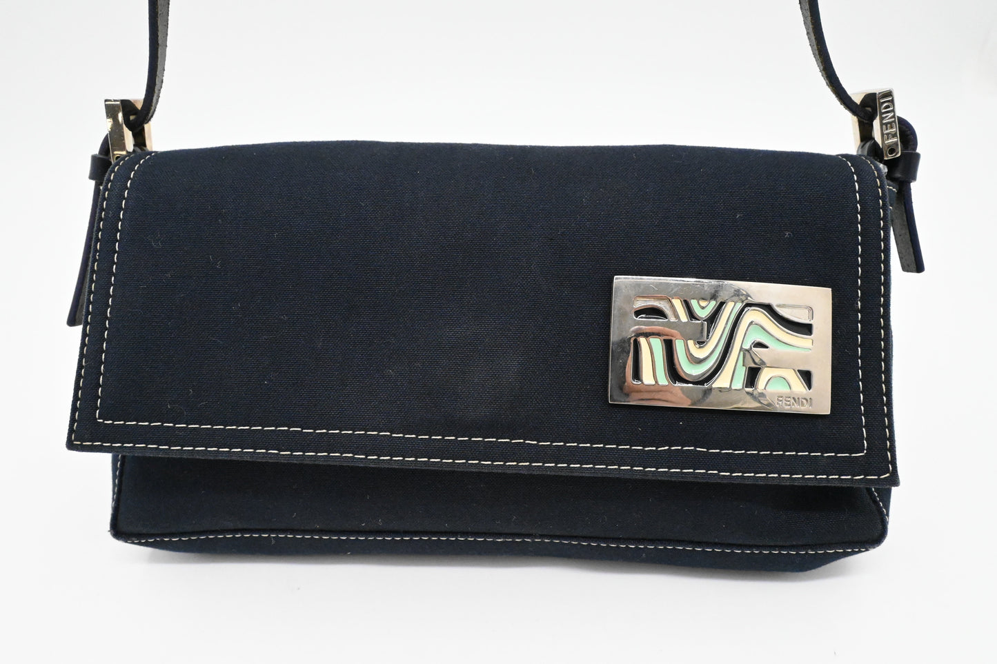 Fendi Baguette In Dark Handbag Canvas Blue Shoulder Bag