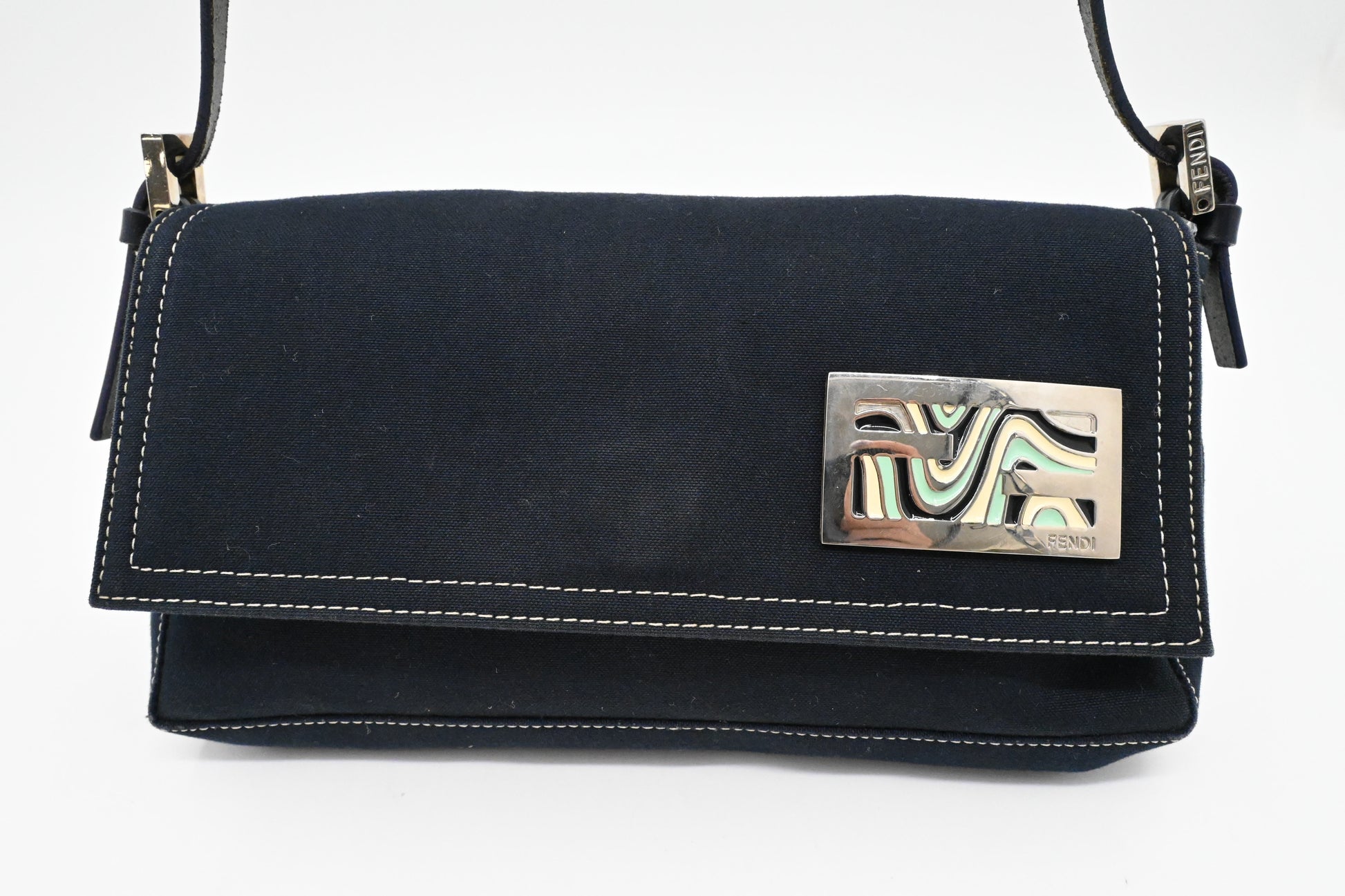 Fendi Baguette In Dark Handbag Canvas Blue Shoulder Bag