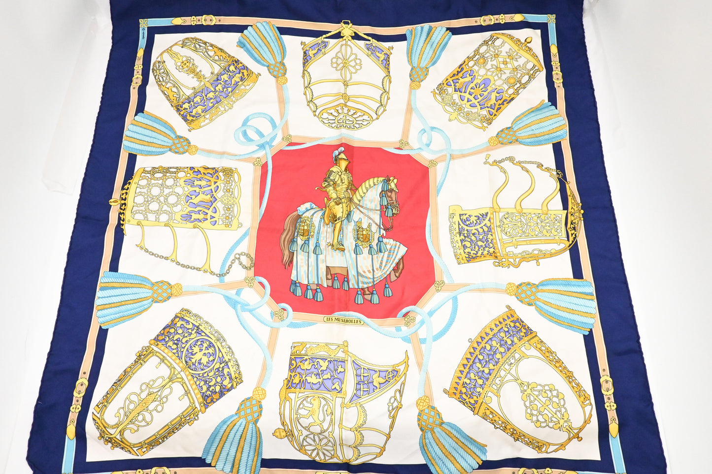 Hermes 'Les M Rolles' Carre In Navy Silk Blue Travel Bag