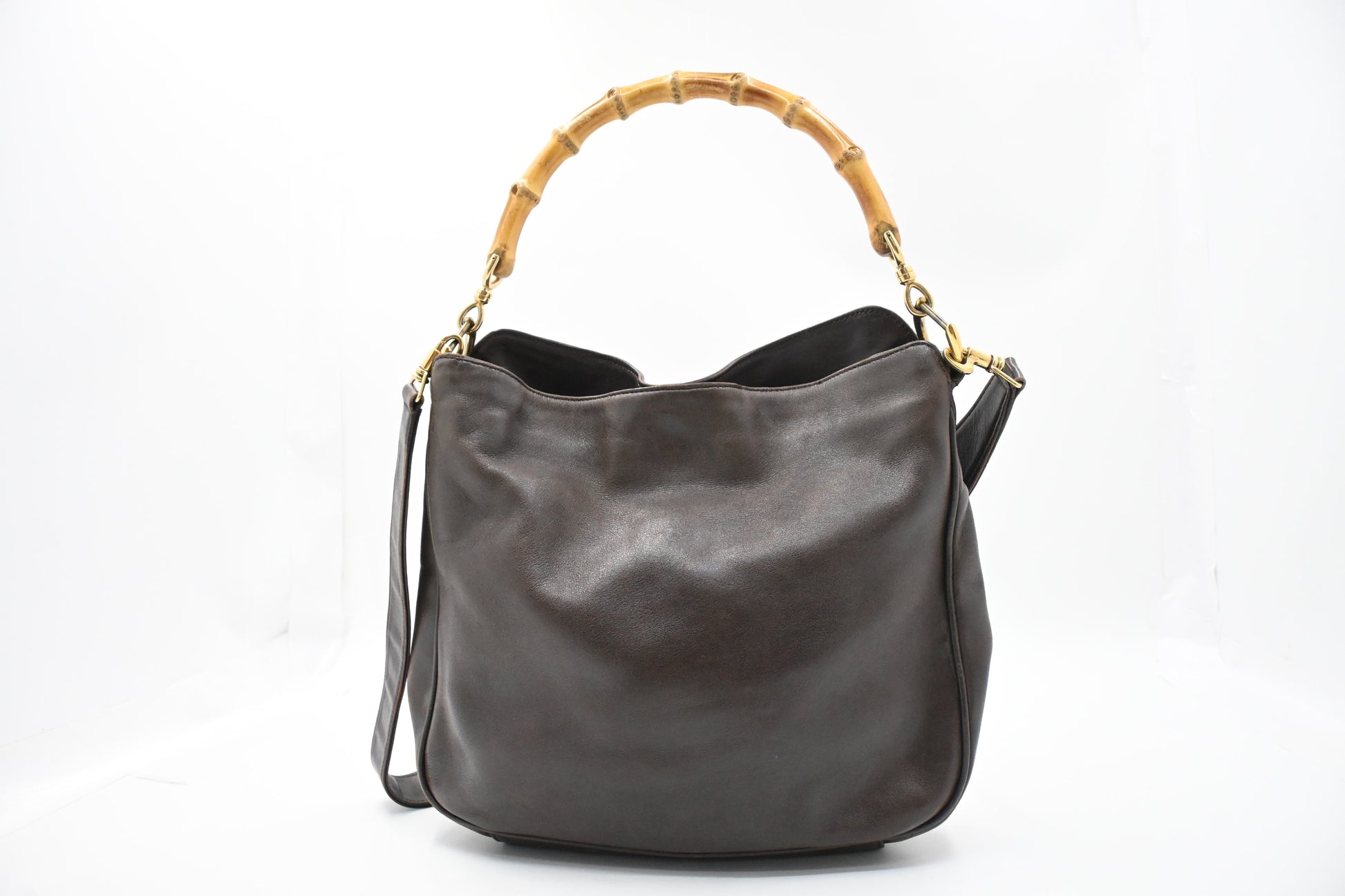 Gucci 2-Way Bamboo Leather Black Brown Tote Bag