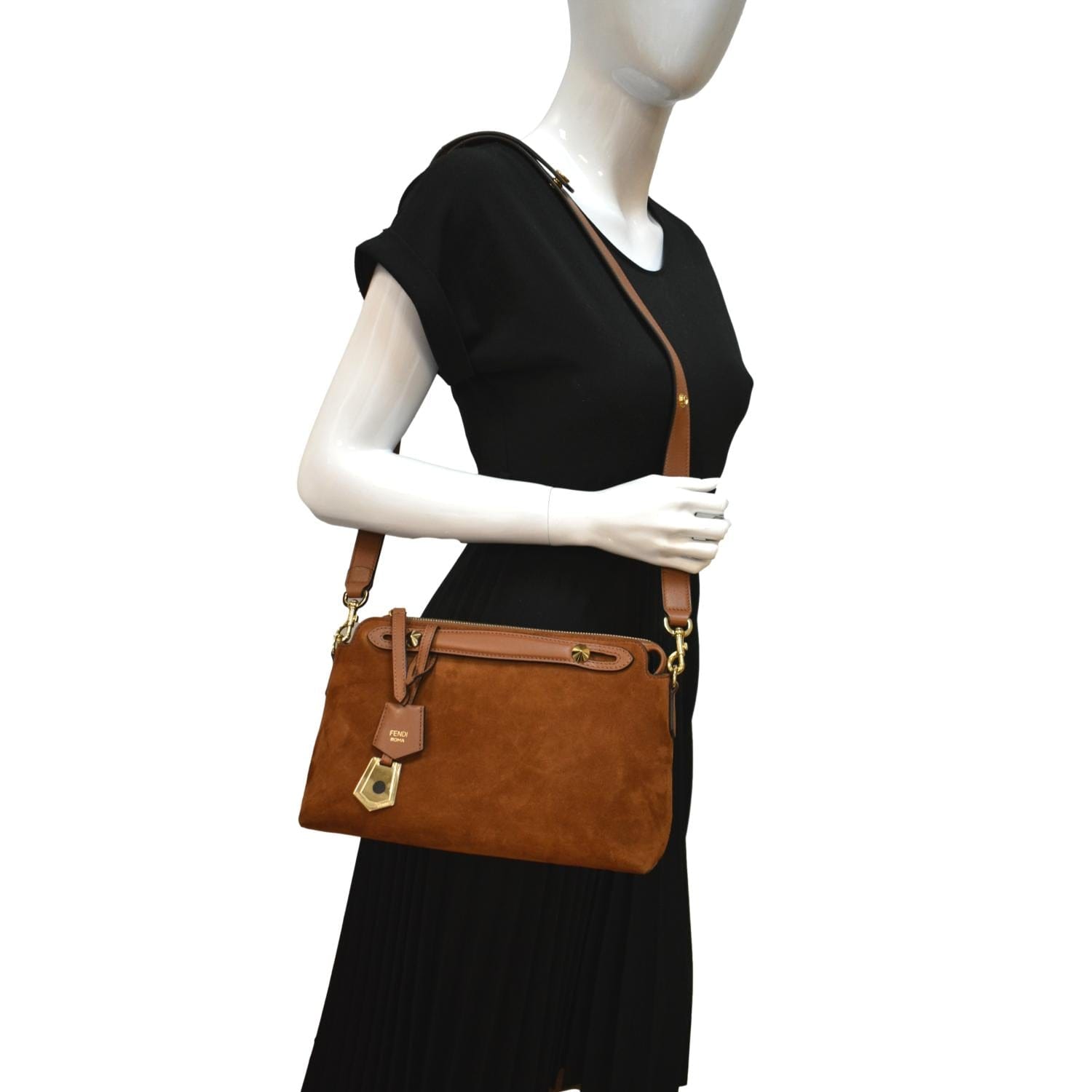 Fendi By The Way Boston Crossbody Bag Suede Brown Medium