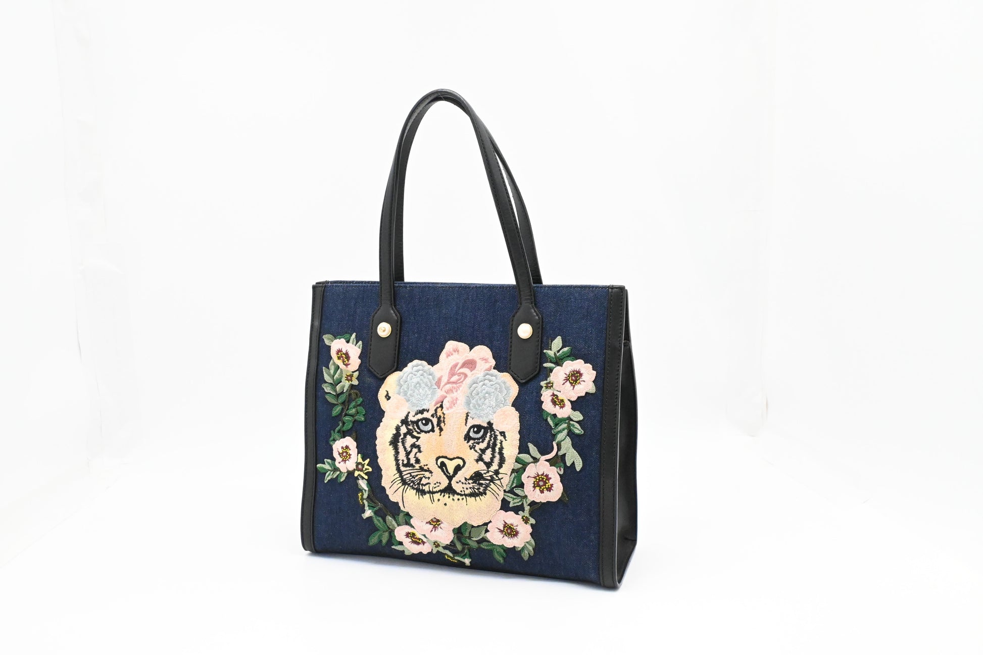 Gucci Tiger Embroidered Canvas Denim Tote Bag