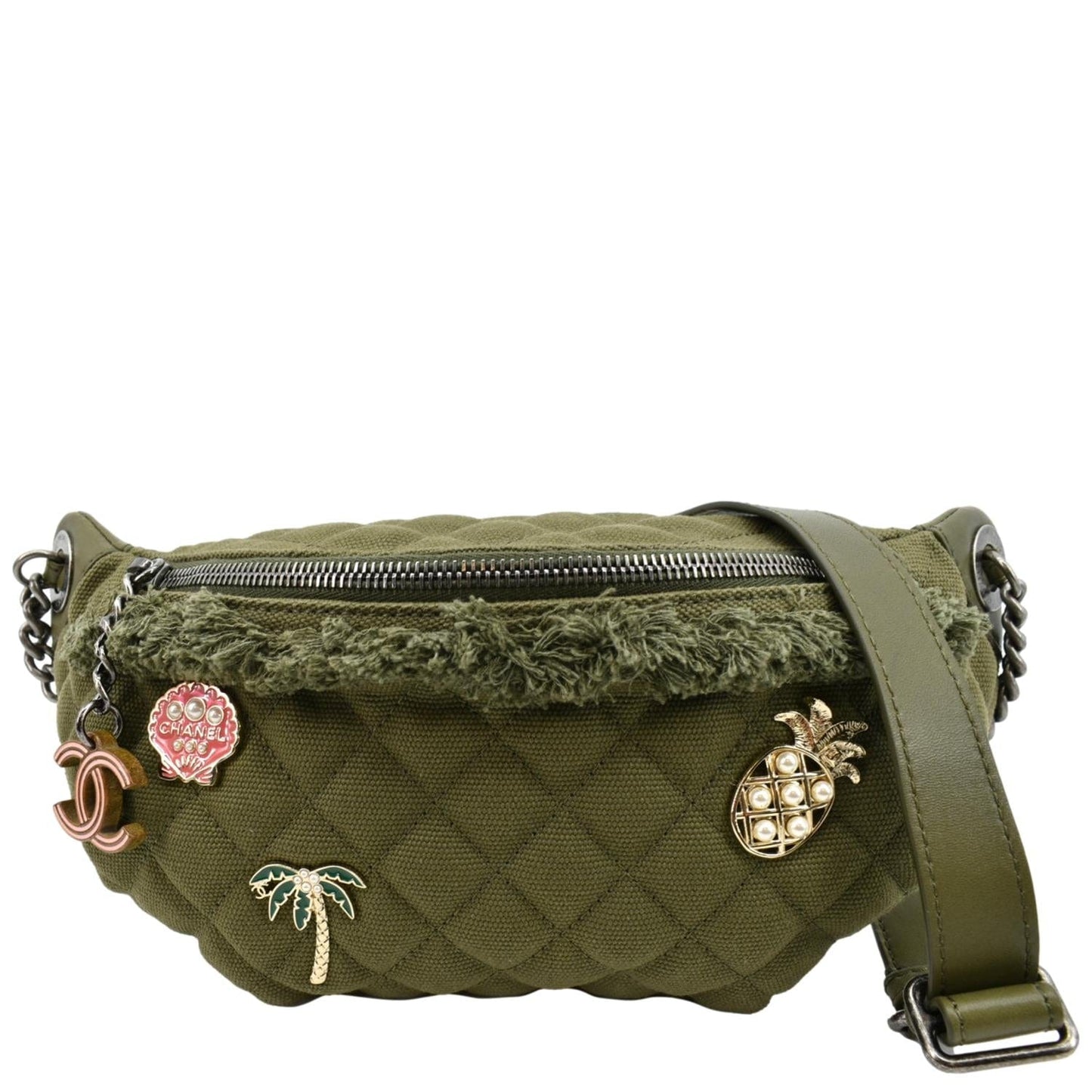 Chanel Coco Cuba Charms Waist Khaki Canvas Leather Lambskin Key Chain