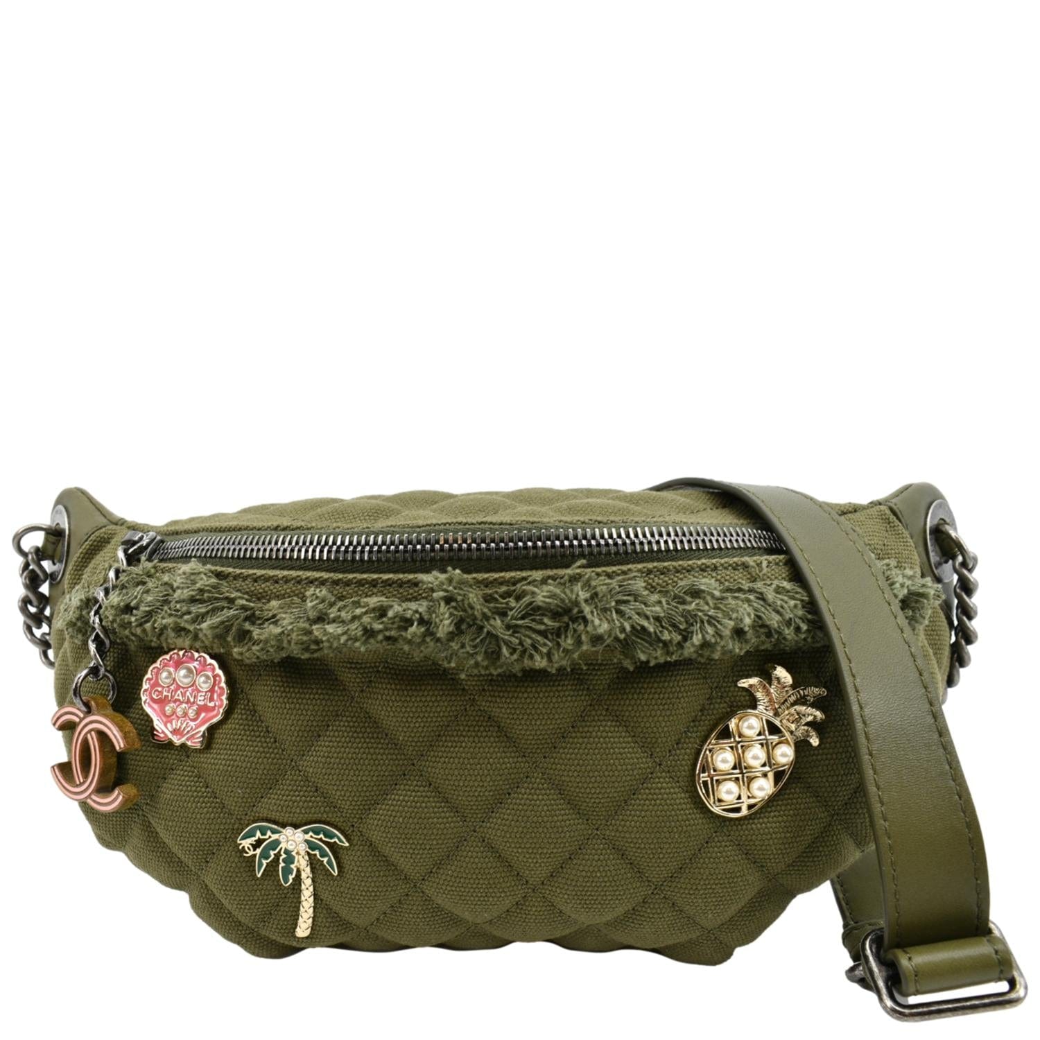 Chanel Coco Cuba Charms Waist Khaki Canvas Leather Lambskin Key Chain