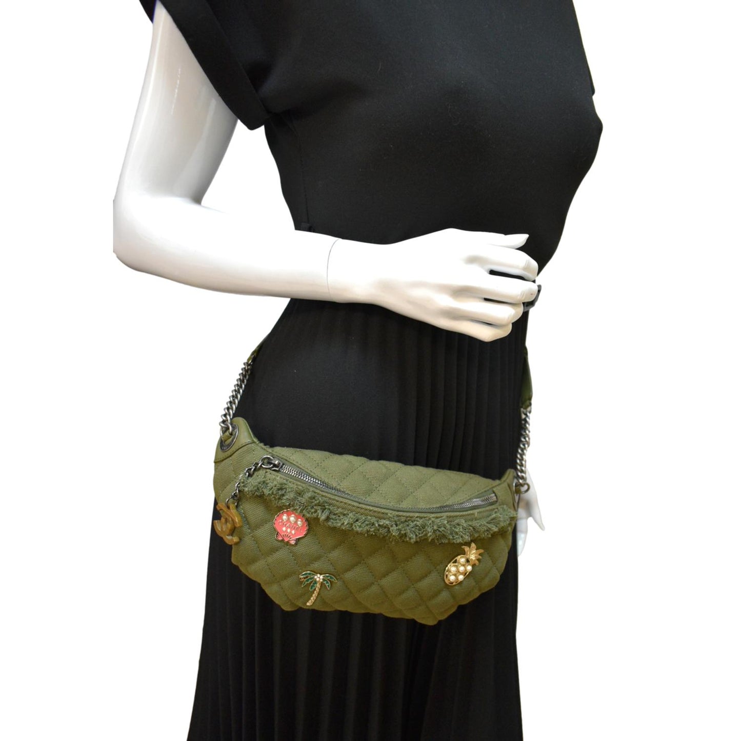 Chanel Coco Cuba Charms Waist Khaki Canvas Leather Lambskin Key Chain
