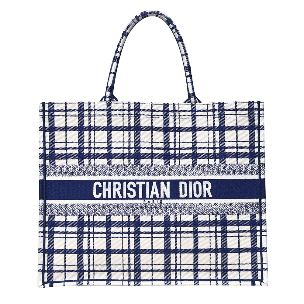 Dior Handbag Check'n' Embroidery Book Tote Rented Out Blue Tote Bag