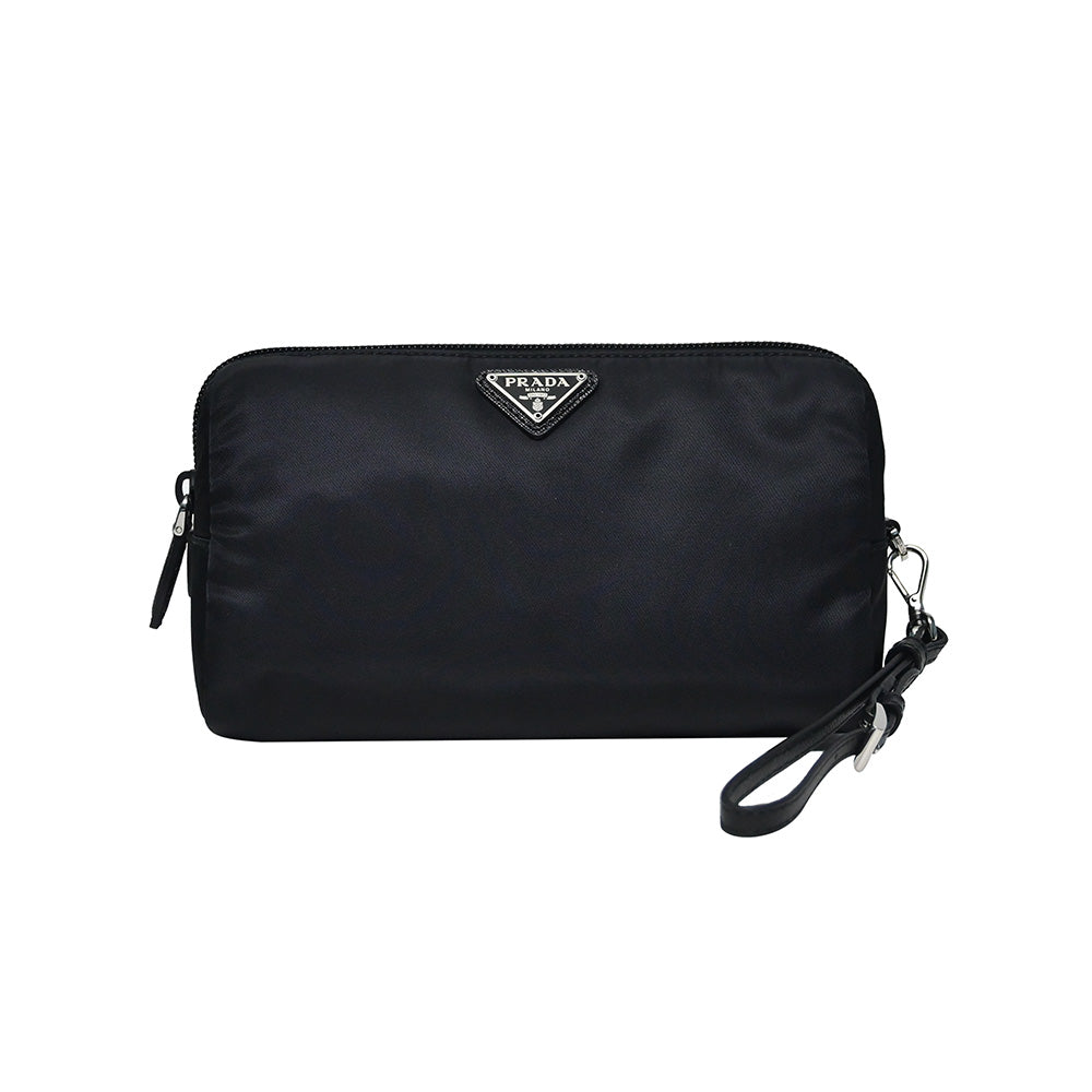 Prada Handbag Nero Tessuto Pouch with Wristlet Leather Saffiano