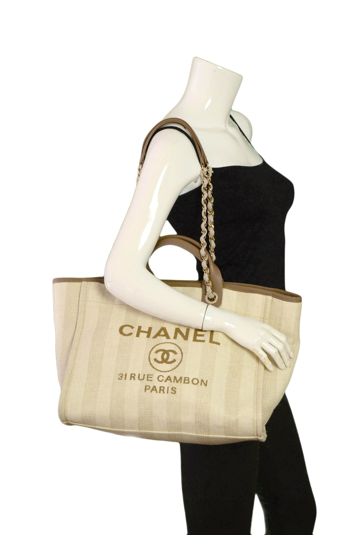 Chanel Beige Mixed Fibers Striped Large Deauville Tote