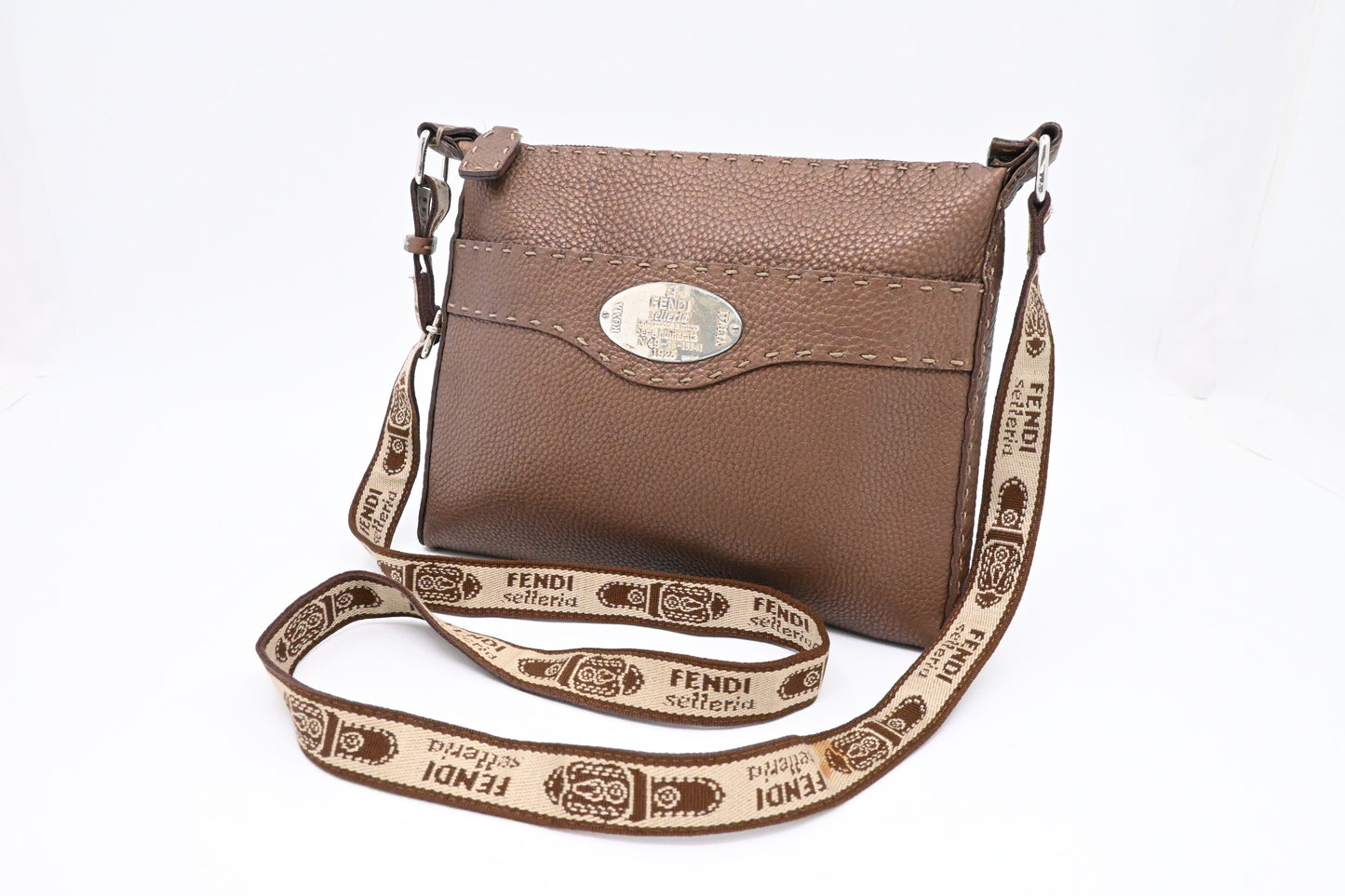 Fendi Selleria Crossbody In Metallic Leather Brown Crossbody Bag