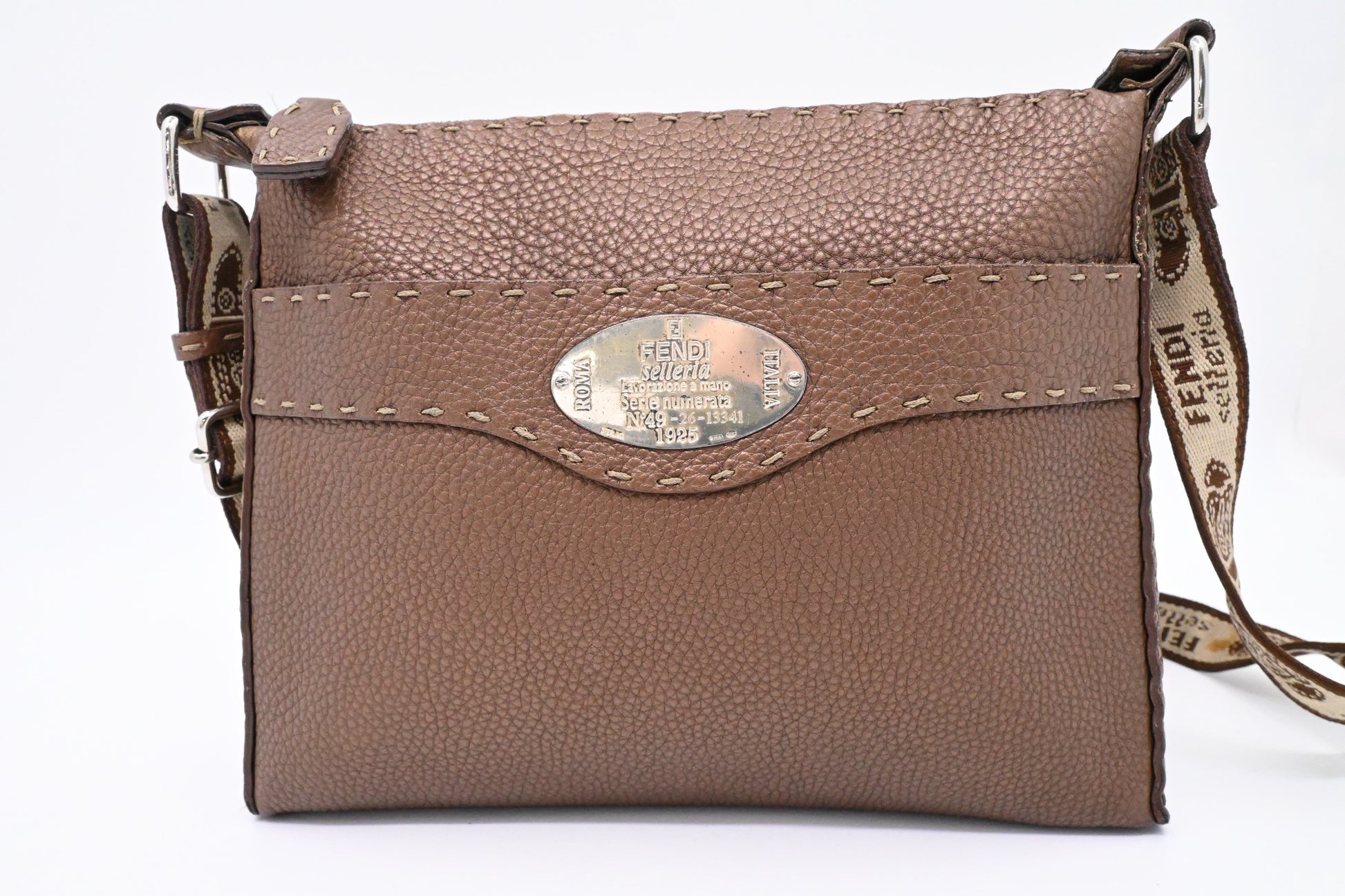 Fendi Selleria Crossbody In Metallic Leather Brown Crossbody Bag