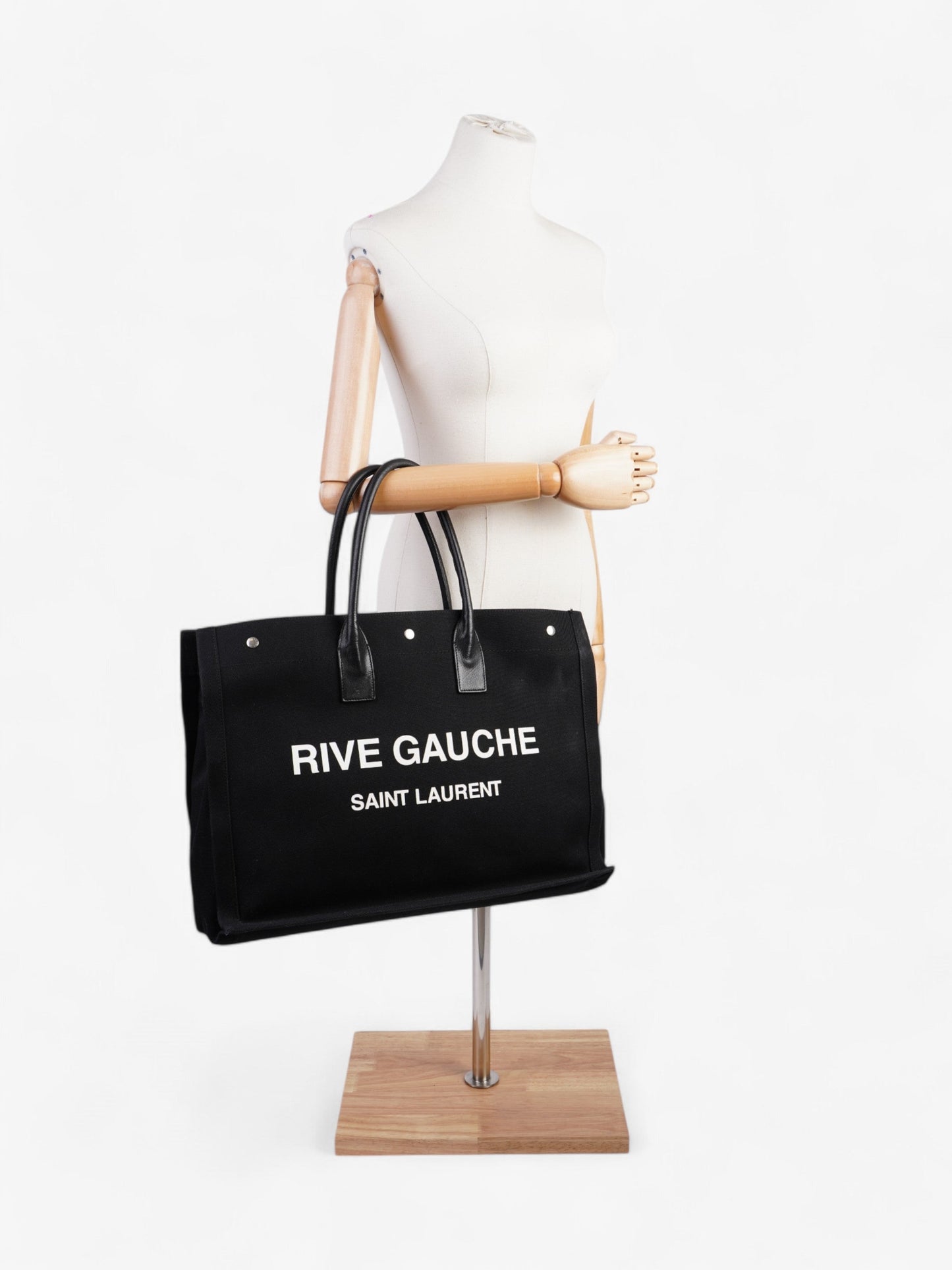 YSL Saint Laurent Rive Gauche Cotton Tote Bag Black White Large