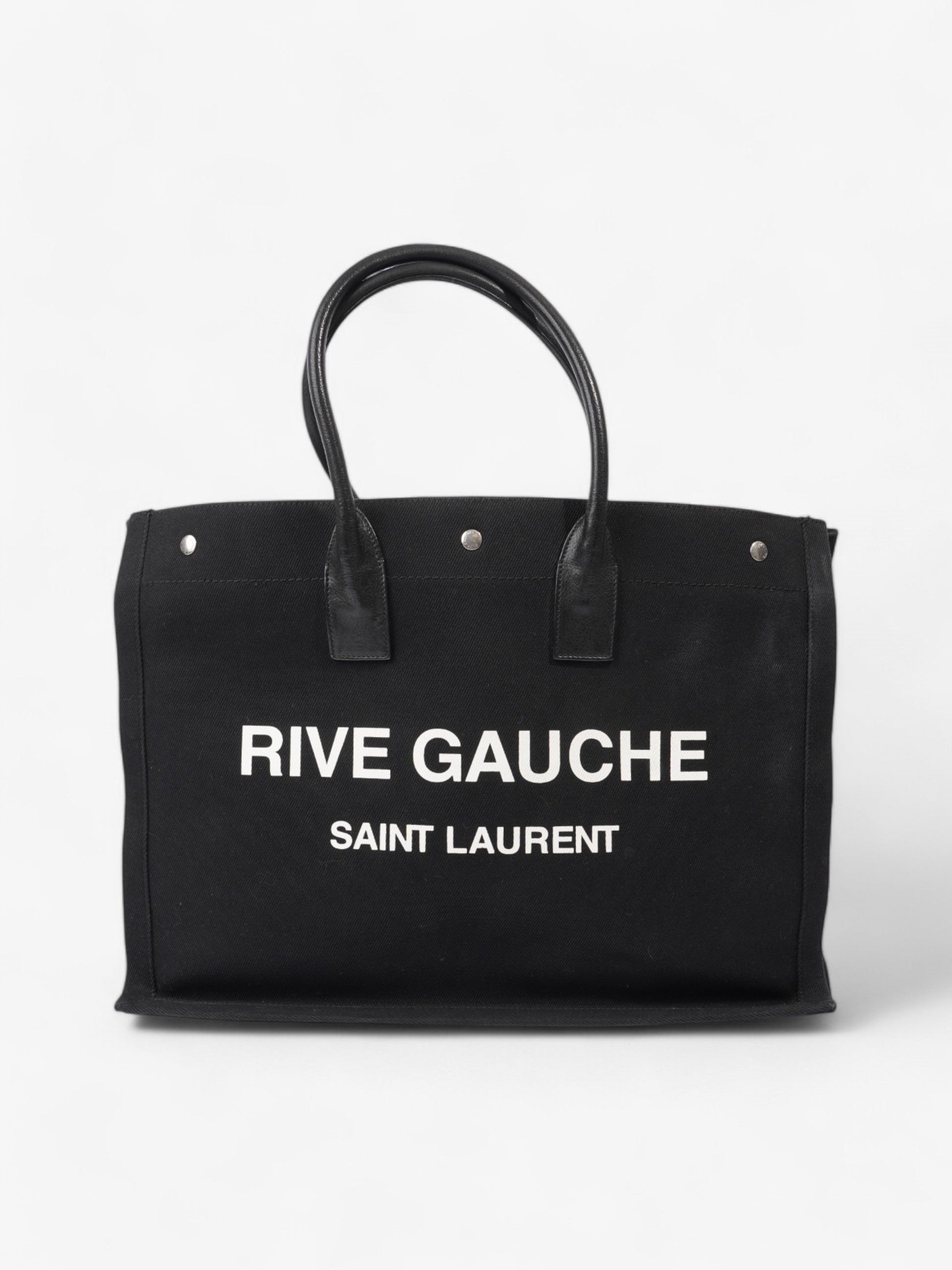 YSL Saint Laurent Rive Gauche Cotton Tote Bag Black White Large