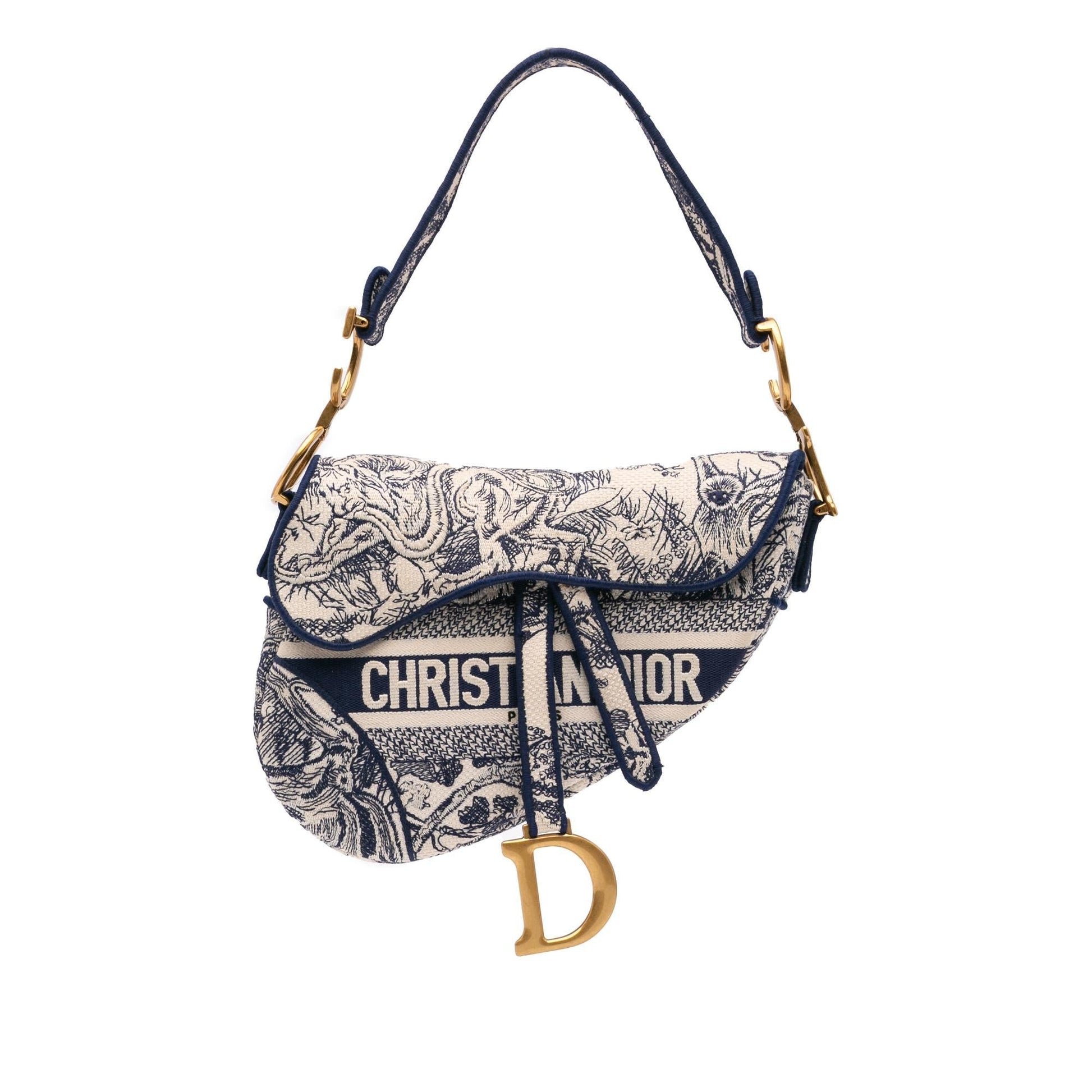 Dior Toile De Jouy Saddle Bag Canvas Embroidered Shoulder Bag