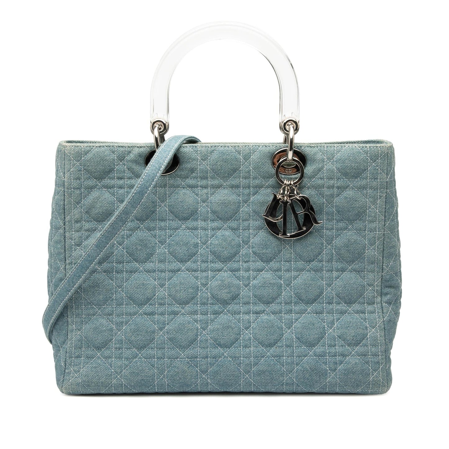 Dior Cannage Acrylic Handles Lady Satchel Bag Denim Large
