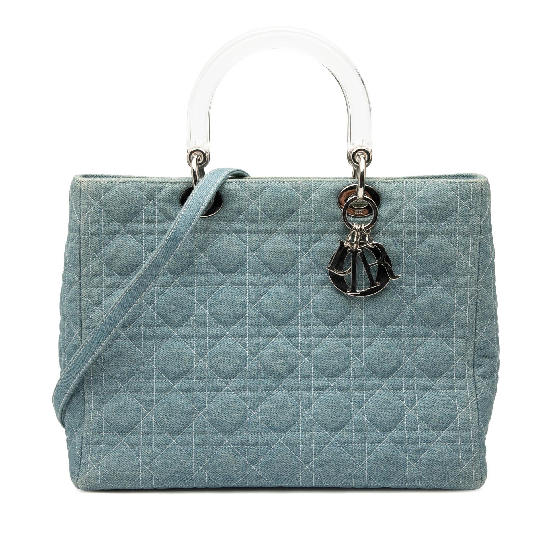 Dior Cannage Acrylic Handles Lady Satchel Bag Denim Large