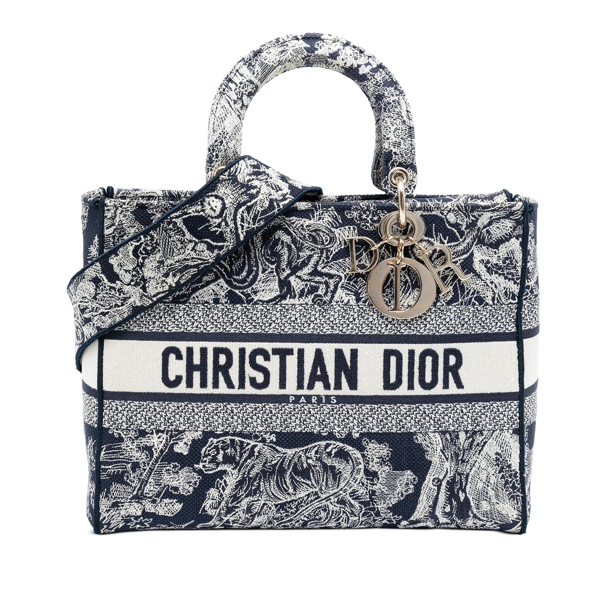 Dior Toile De Jouy Lady Lite Satchel Bag Canvas Large Embroidered