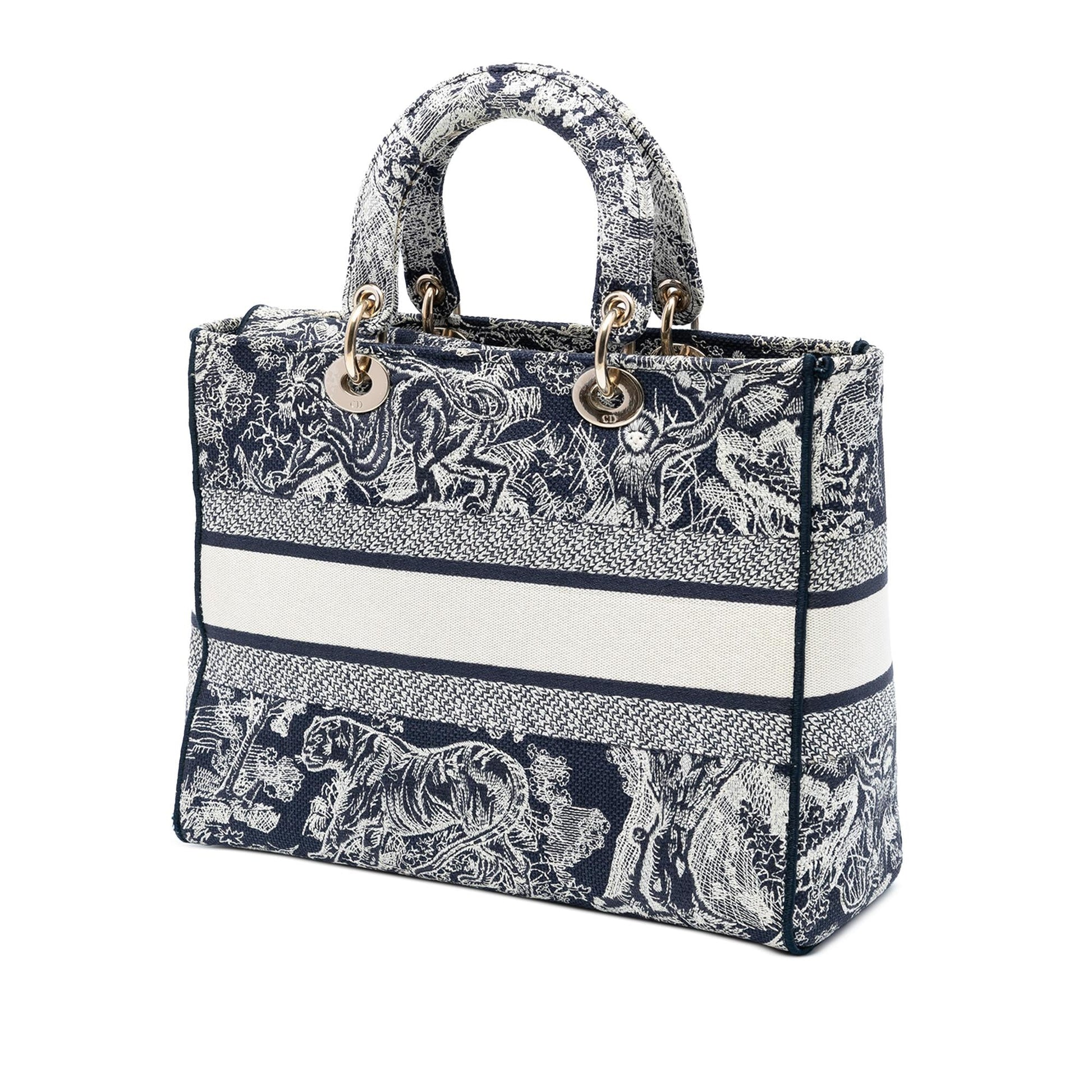 Dior Toile De Jouy Lady Lite Satchel Bag Canvas Large Embroidered