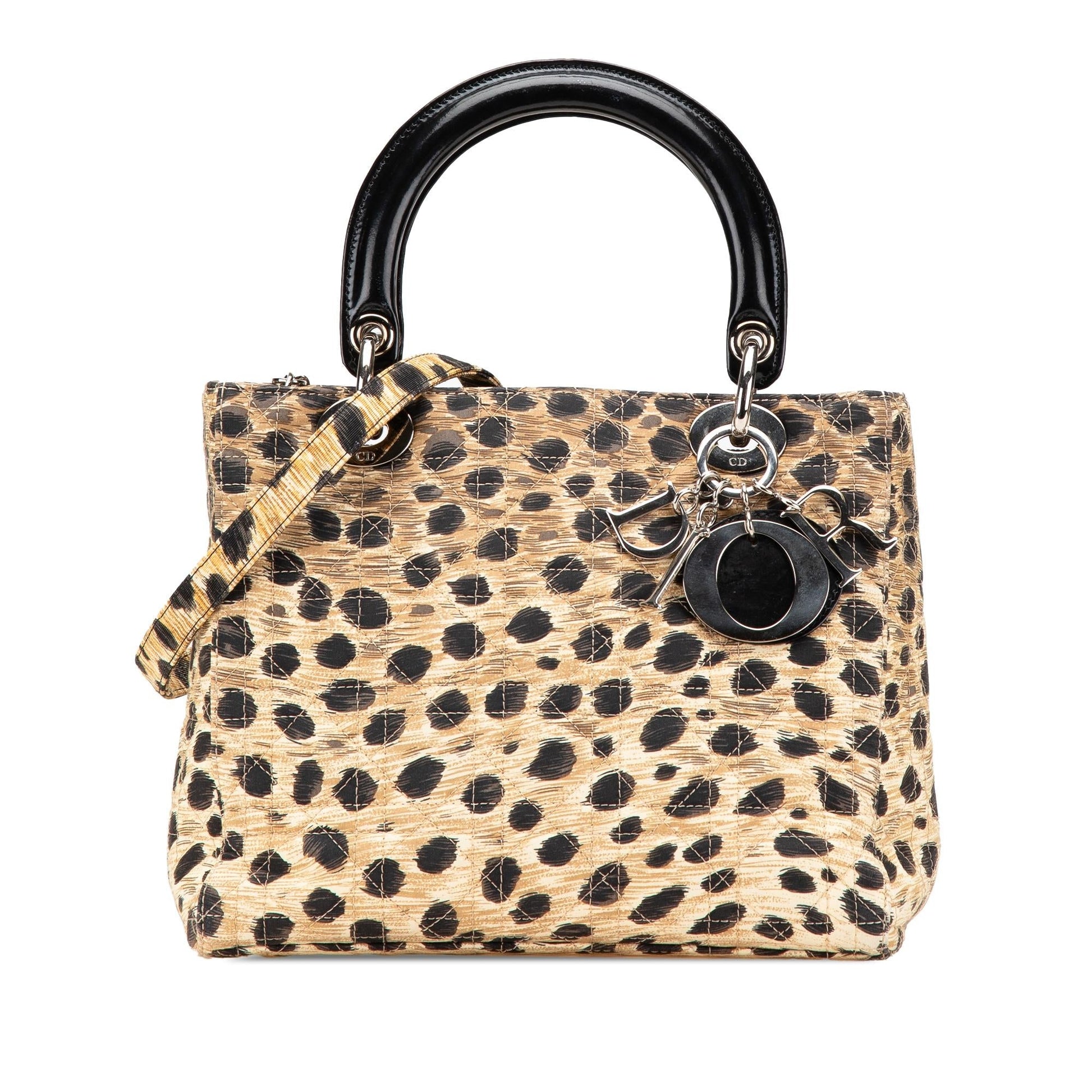 Dior Cannage Leopard Print Lady Satchel Bag Canvas Medium