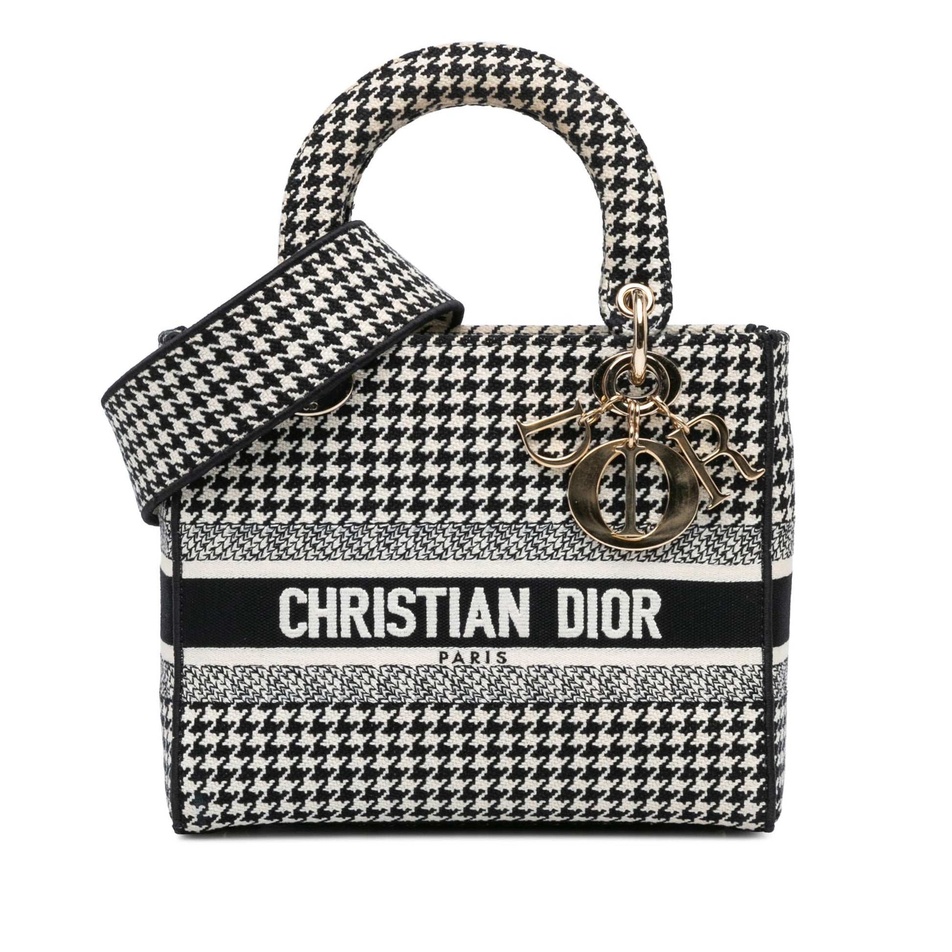Dior Houndstooth Lady Lite Satchel Bag Canvas Medium Embroidered Lite Shg Kzfdga